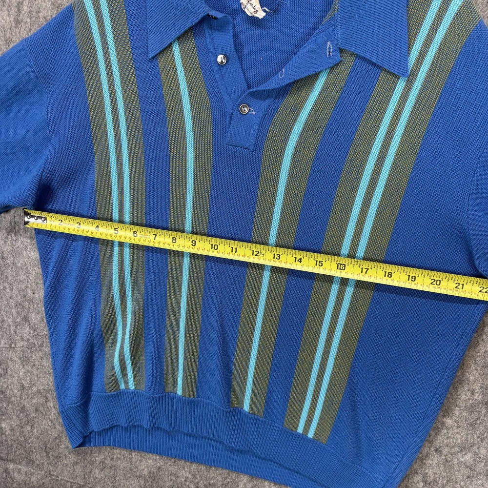 True Vintage 60s Knit Polo Shirt Johnny Collar Mens Large Blue Stripe Rockabilly - Picture 5 of 8